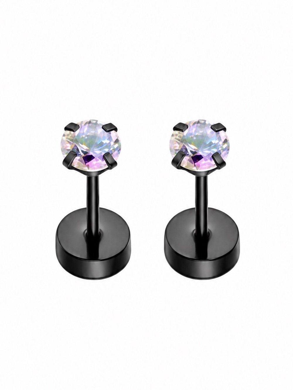 Iridescent CZ Flat Back Stud Earrings 20G Black Stainless Steel